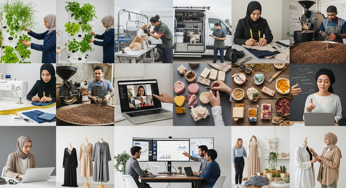 Collage of 12 unique business ideas including urban farming, pet care, tailoring, coffee roasting, and online services.