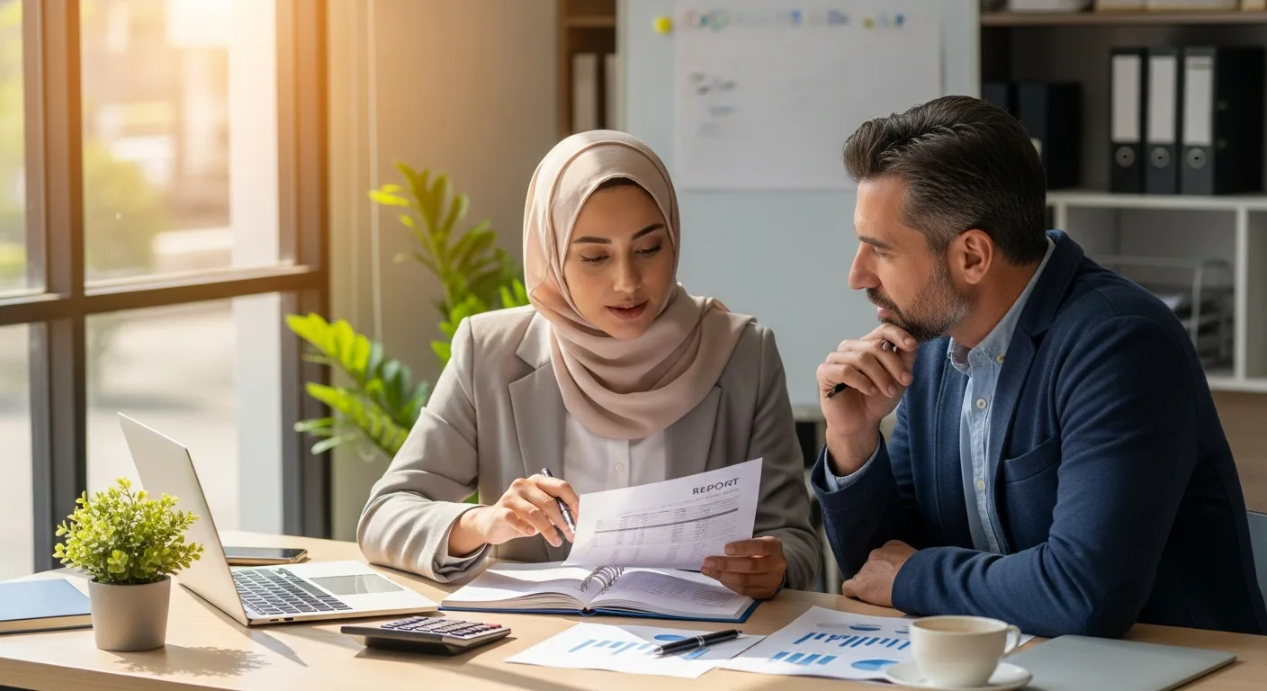 Professional accountant for small business reviewing financial documents with a client in an office.