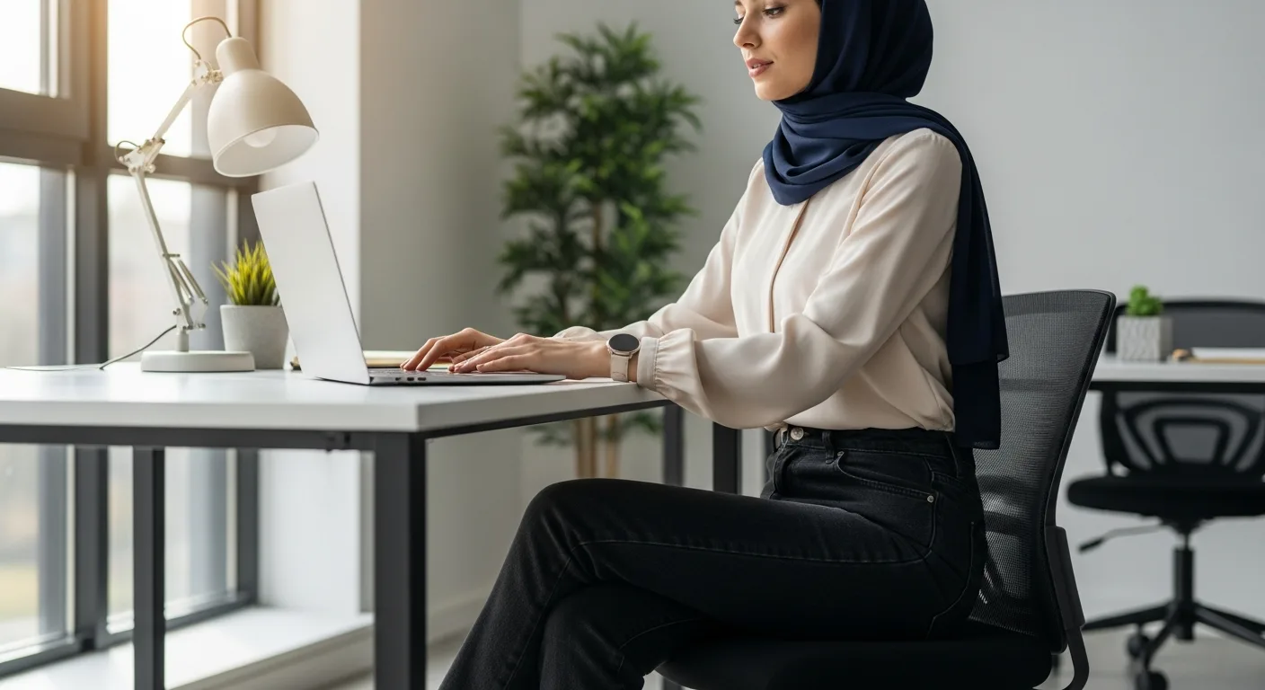 Woman in a hijab and black jeans at an office desk, illustrating are black jeans business casual style.
