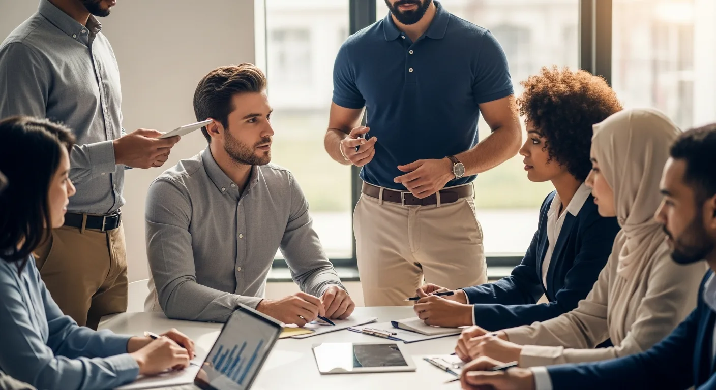 A professional group meeting where some ask, are polos business casual? A man in a blue polo leads the discussion.