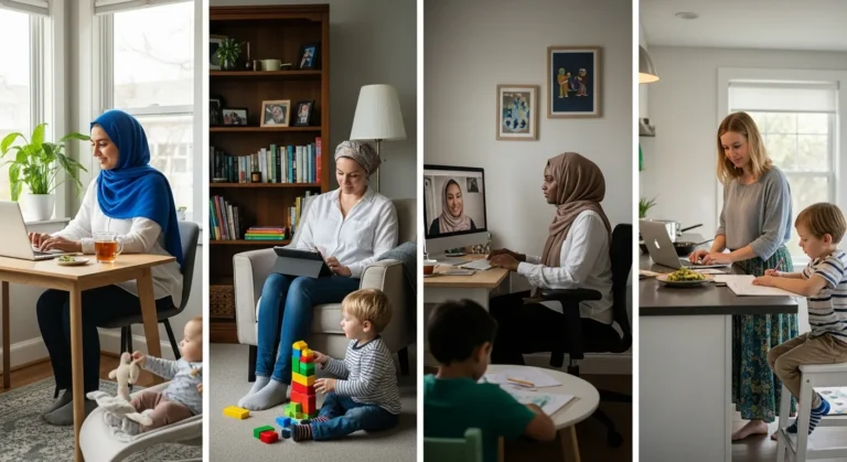 Diverse women balancing childcare and at home jobs for moms, working on laptops and tablets in their living spaces.