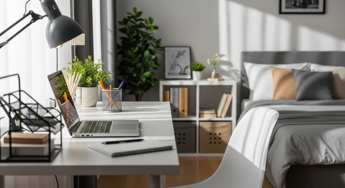 A bright, modern bedroom office ideas setup featuring a white desk with a laptop next to a cozy grey bed.