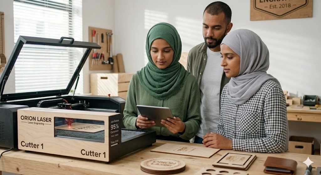 A team of three diverse entrepreneurs, including two women wearing hijabs, collaborate using a tablet while operating the best laser cutter for small business to engrave wooden products in a bright workshop.
