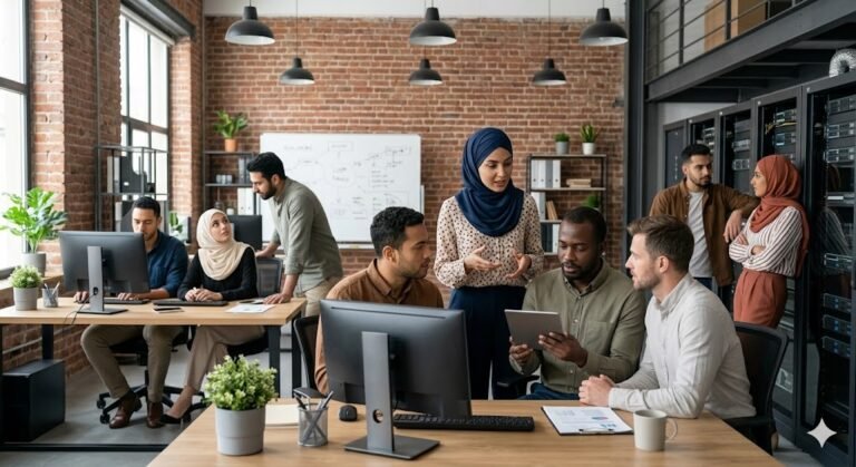 A diverse team of IT professionals, including women wearing hijabs, collaborating in a modern, open-plan office with server racks and multi-monitor setups, representing the environment of the best paying jobs in technology.