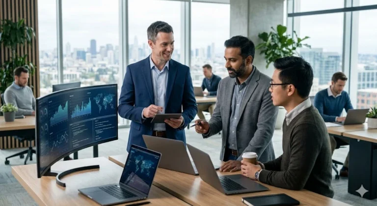 Tech professionals collaborating in a modern office, representing some of the best paying jobs in technology.