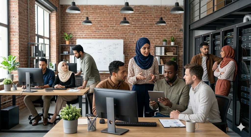 A diverse team of IT professionals, including women wearing hijabs, collaborating in a modern, open-plan office with server racks and multi-monitor setups, representing the environment of the best paying jobs in technology.