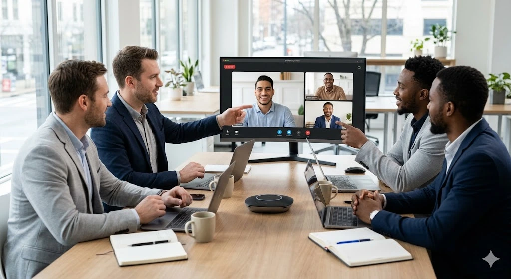 A team uses the best video conferencing for small business to meet with remote colleagues in a modern office.
