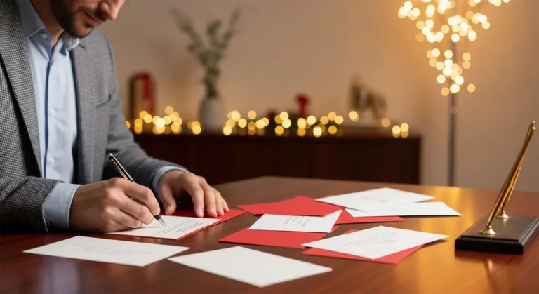 A professional man hand-writing elegant business christmas cards to strengthen client loyalty at a festive desk.