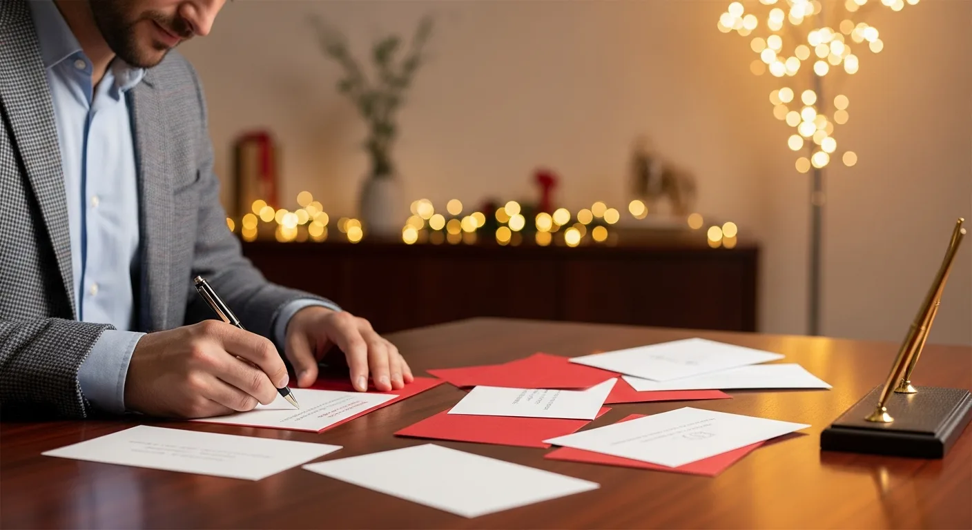 A professional man hand-writing elegant business christmas cards to strengthen client loyalty at a festive desk.