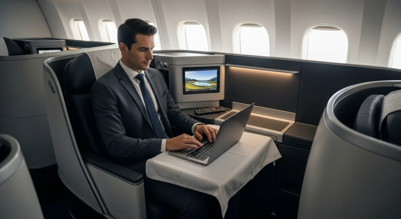 A professional man working on a laptop while sitting in spacious business class seats during a flight.