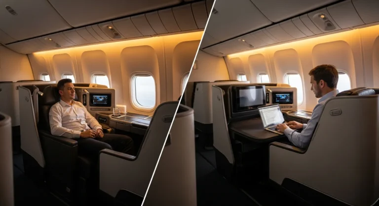 A side-by-side comparison of the luxury seating and service in business class vs first class.
