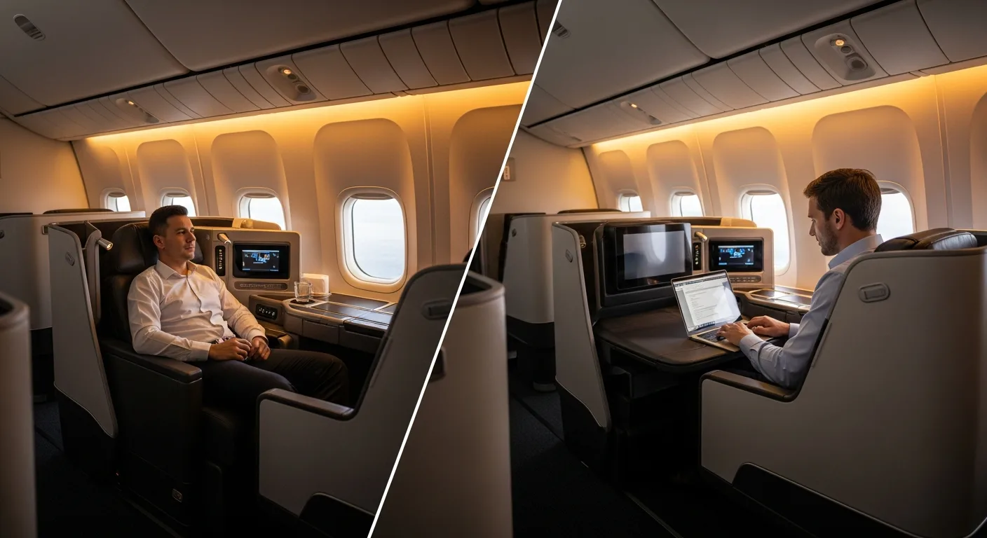 A side-by-side comparison of the luxury seating and service in business class vs first class.