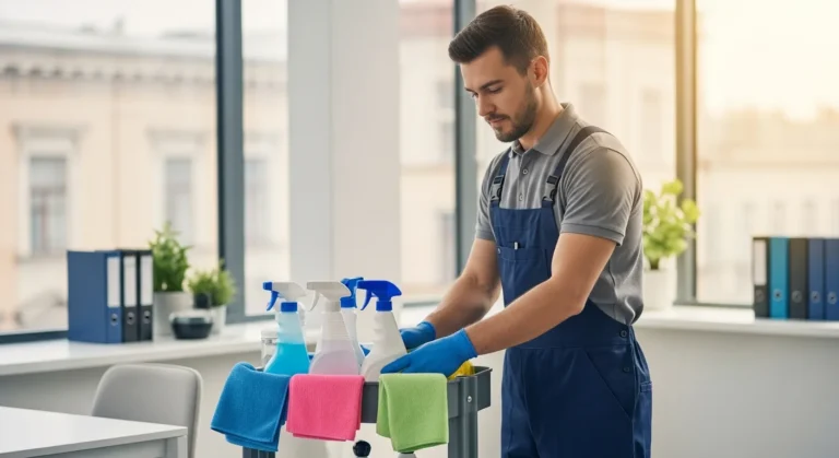 An assortment of professional business cleaning supplies organized on a modern office shelf.
