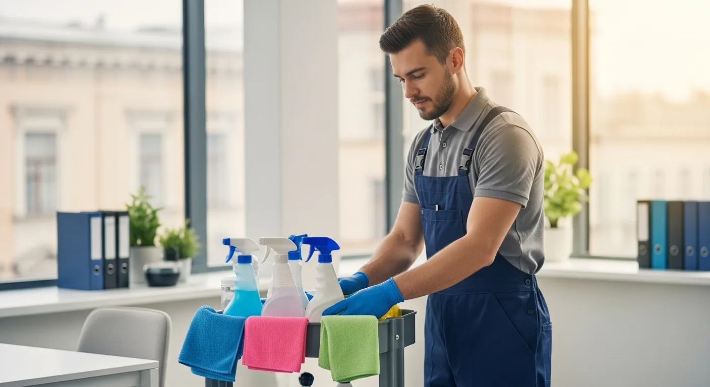 An assortment of professional business cleaning supplies organized on a modern office shelf.