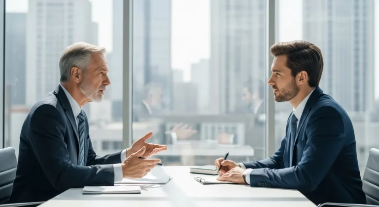 Executive mentor providing business coaching services to a male professional in a modern office setting.