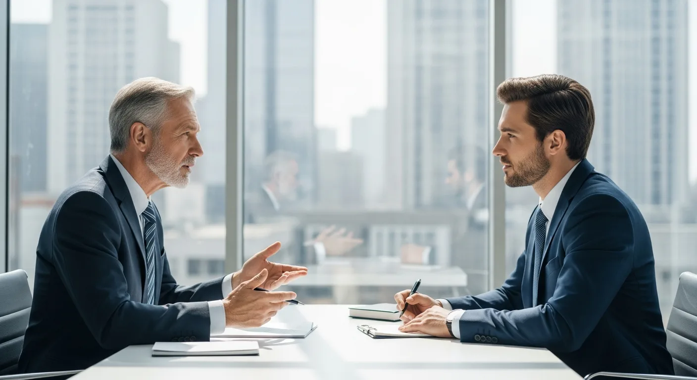 Executive mentor providing business coaching services to a male professional in a modern office setting.