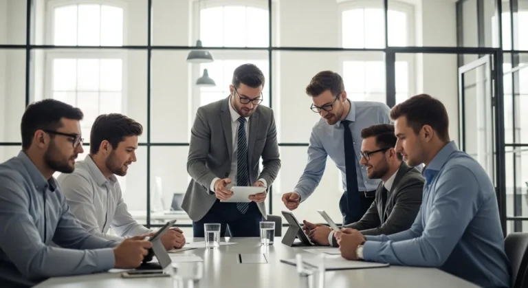 Modern team collaborating effectively using a robust business communication solution in a bright office.