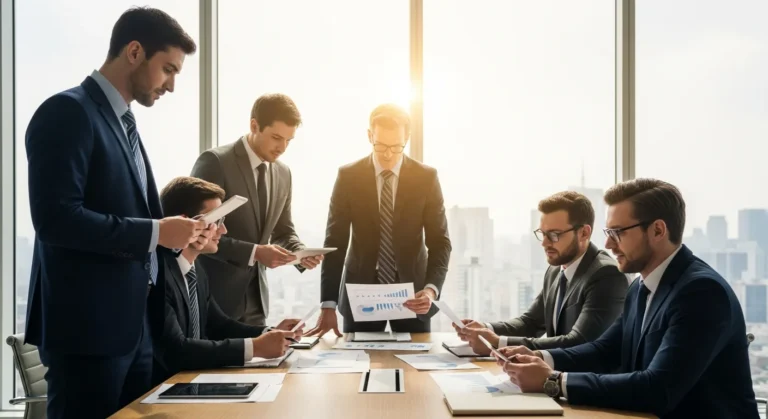 Professional male executives reviewing business compliance services documents in a bright corporate boardroom.