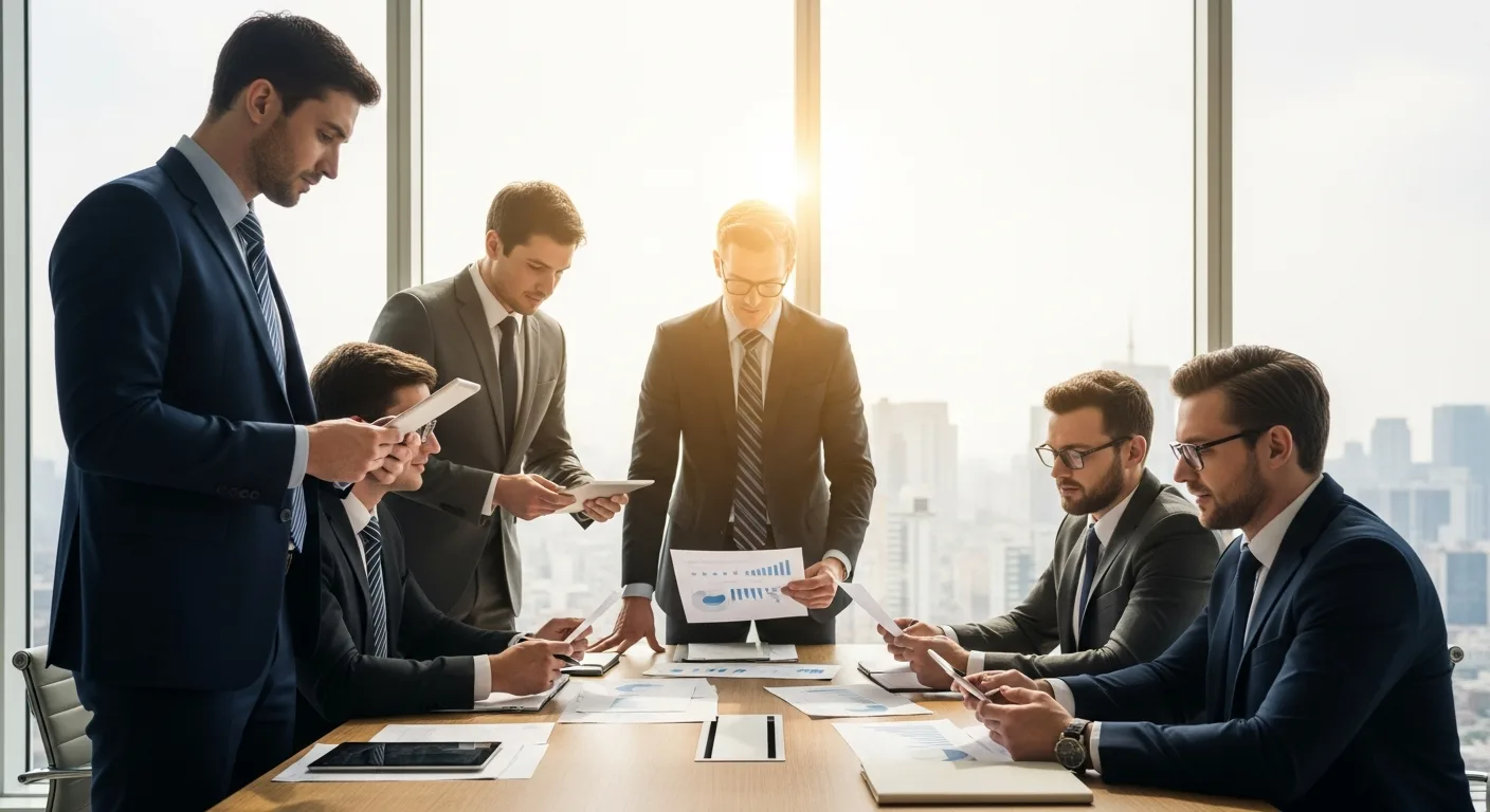 Professional male executives reviewing business compliance services documents in a bright corporate boardroom.