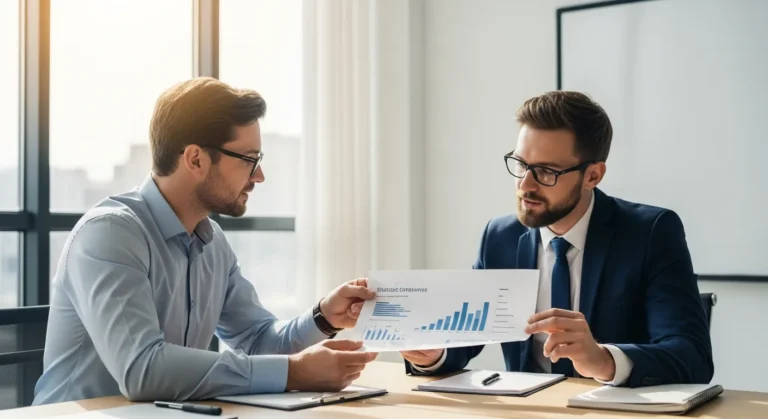 A male professional providing expert business consulting services to help an entrepreneur accelerate company growth.