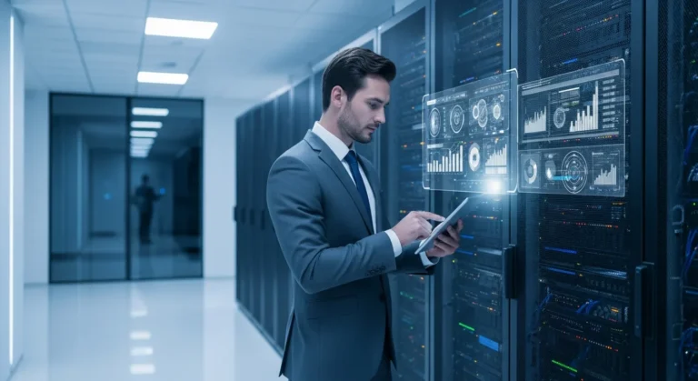 Professional man reviewing business continuity services on a digital tablet in a high-tech data center.