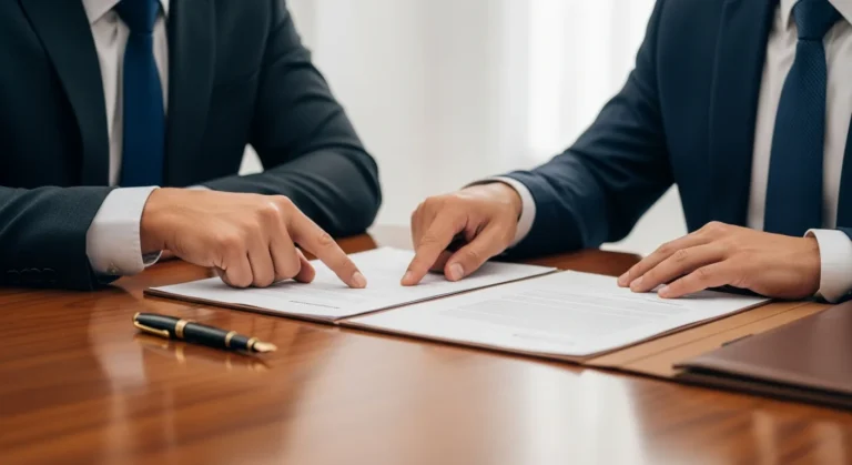 Professional business contract lawyer discussing legal terms with a client in a modern corporate office setting.