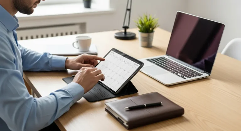 Professional using a business days calculator on a tablet alongside a desk calendar for project scheduling.