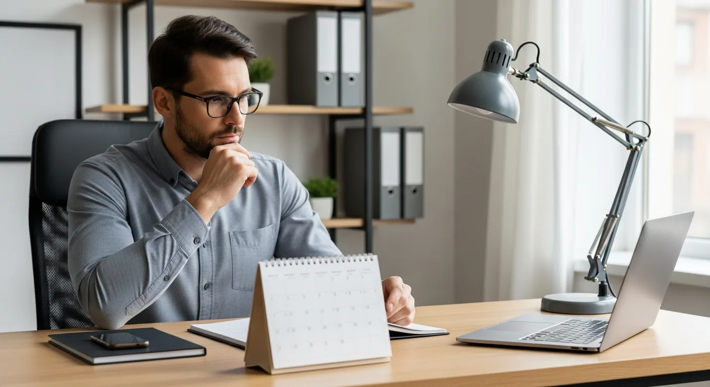 A professional man calculating business days in a year using a desk calendar and laptop in a modern office.