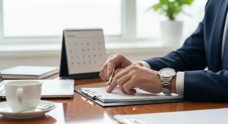 A professional desk setup with a calendar and watch to illustrate the business days meaning.
