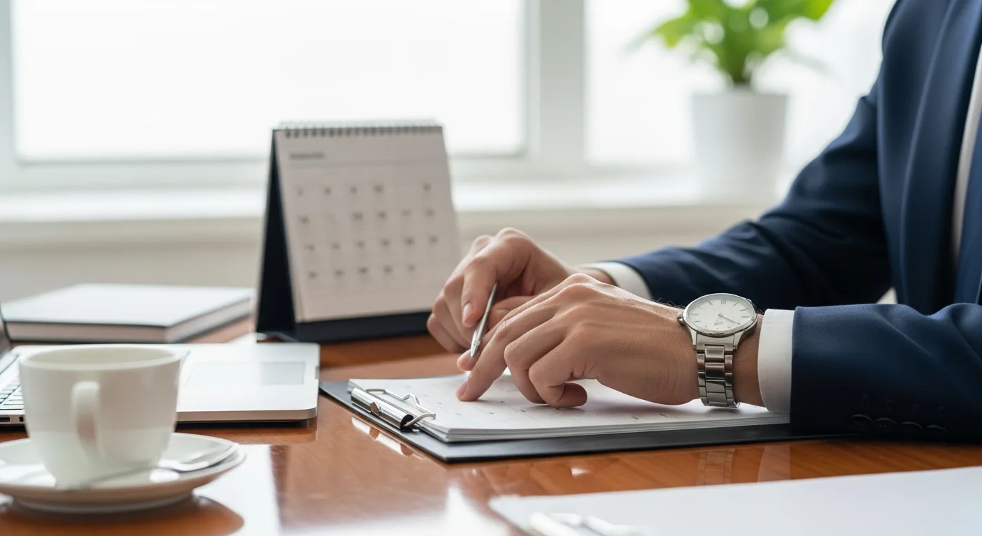 A professional desk setup with a calendar and watch to illustrate the business days meaning.