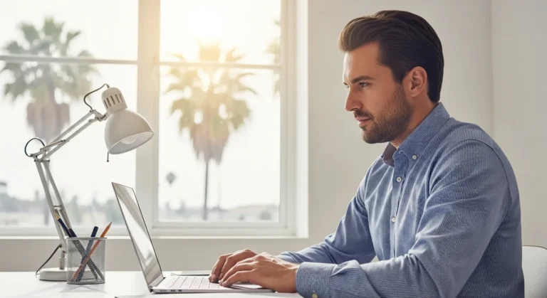 A professional man conducting a business entity search california on a laptop in a modern office setting.