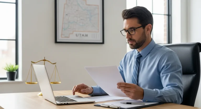 A professional conducting a business entity search utah on a laptop to verify corporate registration details.