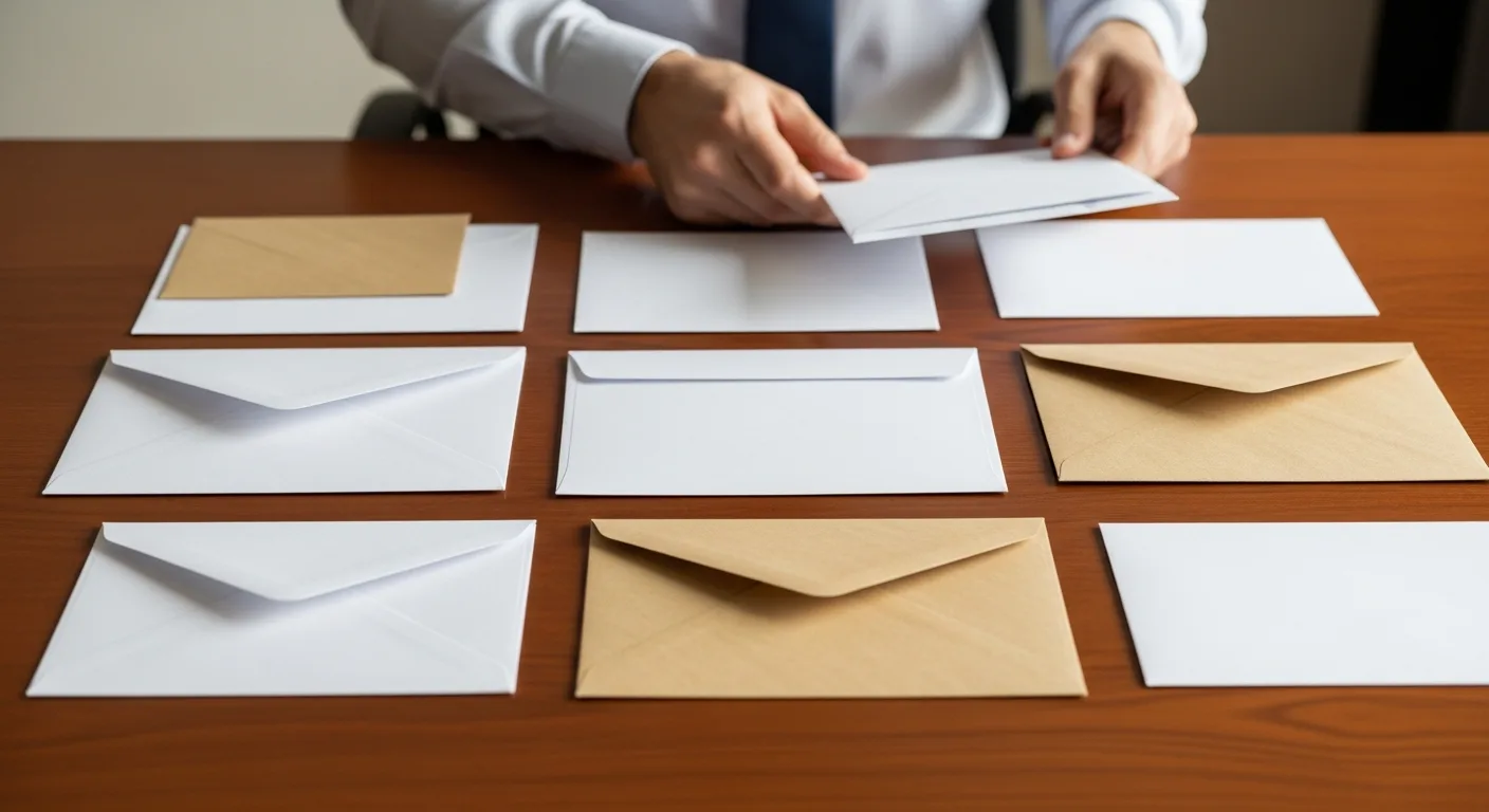 Comparing various business envelope size options neatly arranged on a modern desk for professional correspondence.