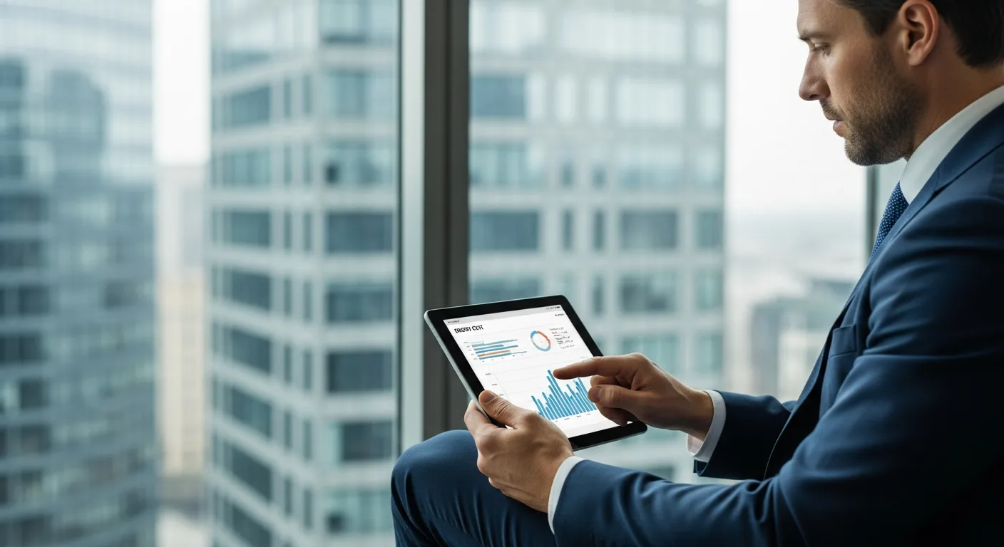 A professional man reviewing quotes from business gas suppliers on a digital tablet in a modern office.