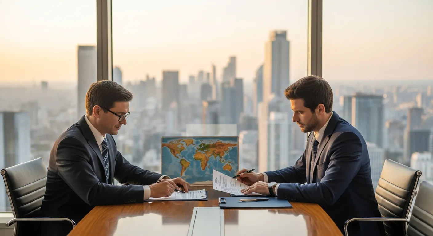 A professional business immigration lawyer reviewing global expansion documents with a corporate executive in an office.