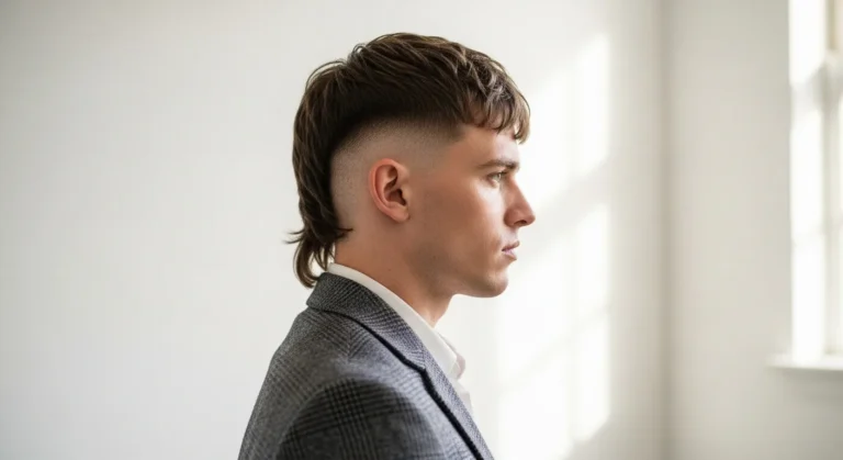 A man with a modern mullet hairstyle showcasing the business in the front party in the back aesthetic.