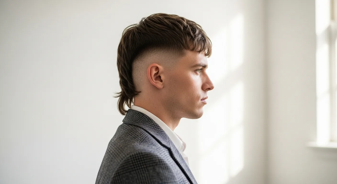 A man with a modern mullet hairstyle showcasing the business in the front party in the back aesthetic.