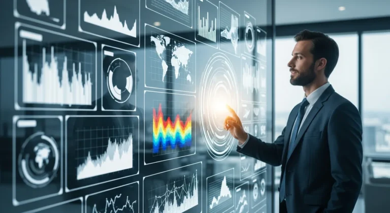 Professional business intelligence consultant analyzing interactive data dashboards to improve corporate strategy.
