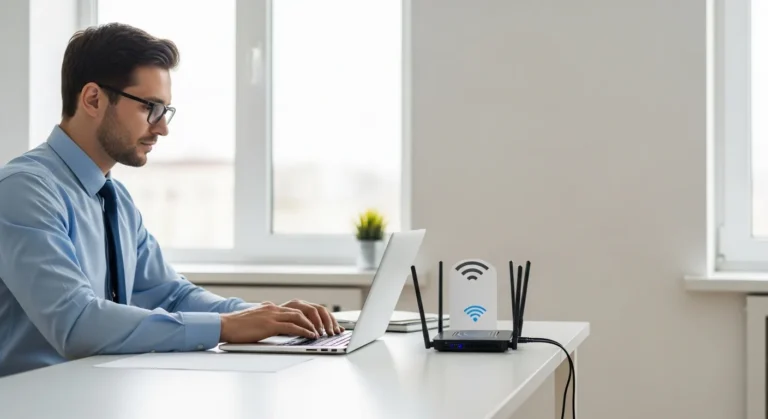 A professional man researching the best business internet in my area on a laptop in a modern office setting.