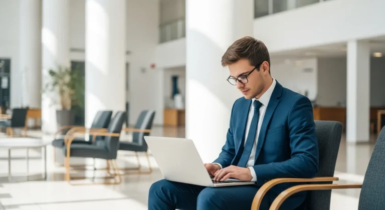 Young man researching business internships for high school students on a laptop in a modern office.