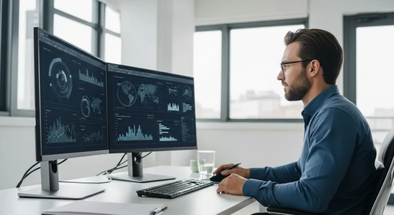 A professional man utilizing business it services to optimize operational efficiency in a modern corporate office.