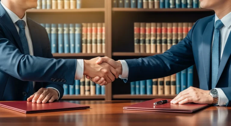 A professional handshake representing the selection of a business law firm for corporate legal needs.