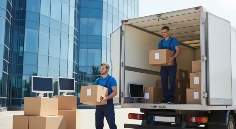 A professional business moving company facilitating a seamless office transition with organized boxes and equipment.
