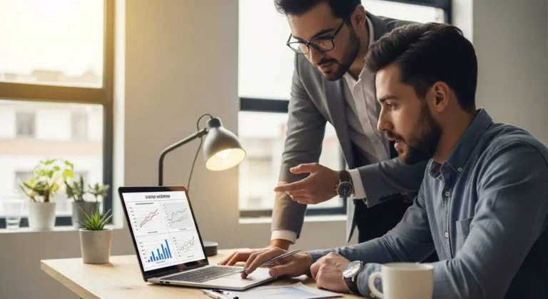 A business plan consultant discussing growth strategies and funding requirements with a male entrepreneur.