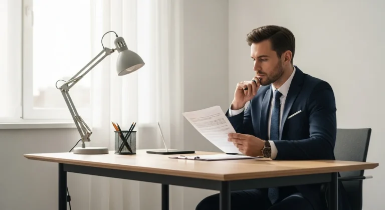 A professional man reviewing a detailed document provided by business plan writing services in a modern office.