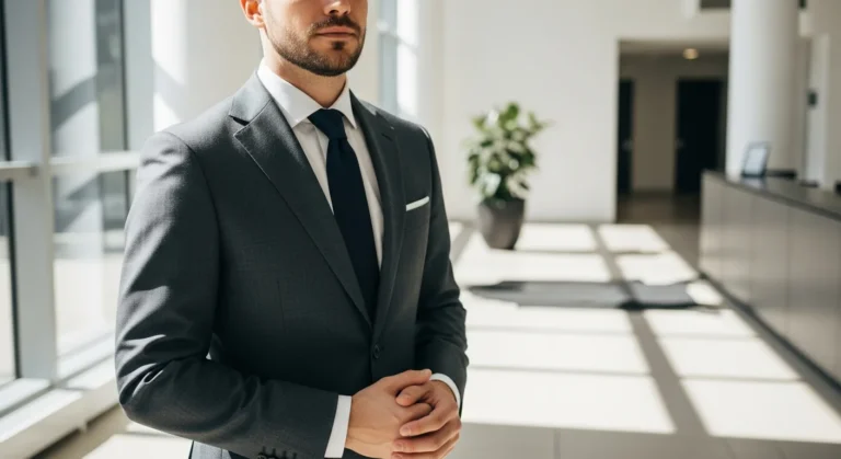 A man wearing tailored business professional attire men in a bright, modern corporate office setting.