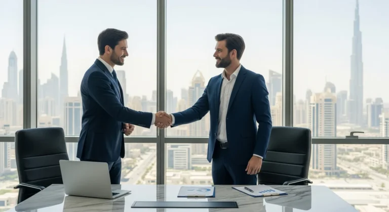 Two professionals discussing options with a business setup company in Dubai in a luxury high-rise office.