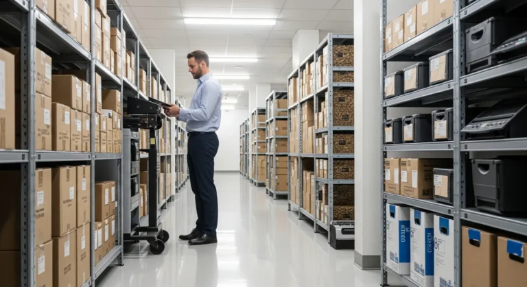 A professional man organizing inventory and supplies inside clean, modern business storage units.
