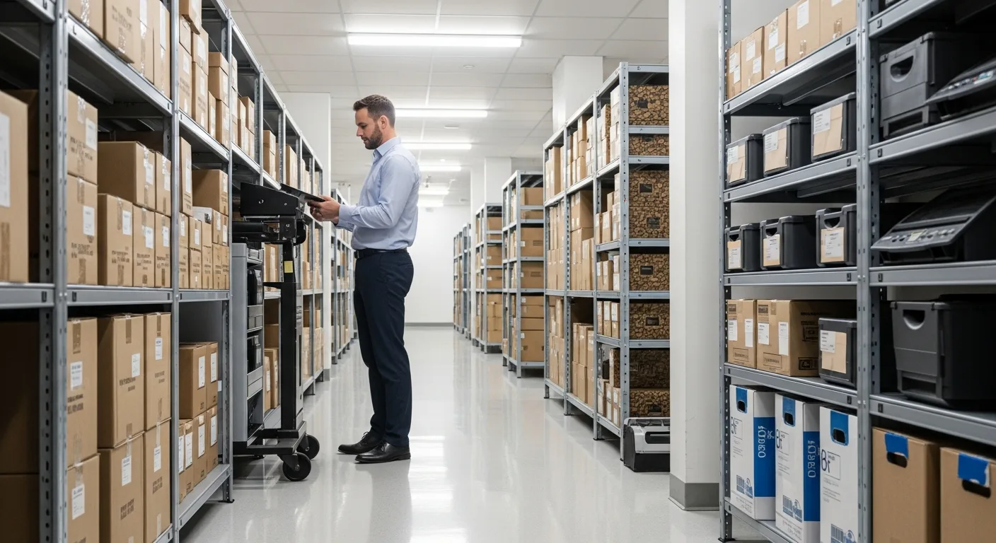 A professional man organizing inventory and supplies inside clean, modern business storage units.