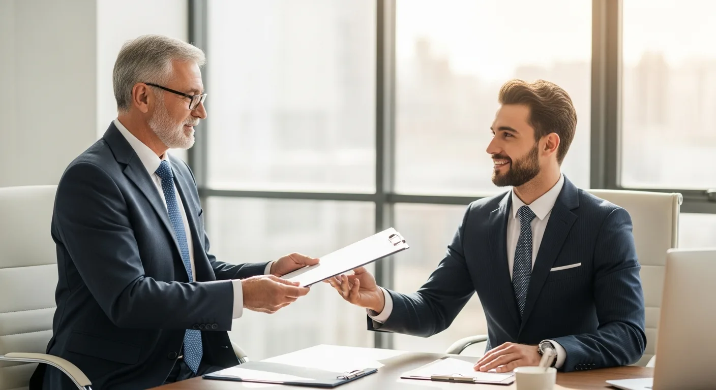 Two professional men discussing strategic business succession planning in a modern high-rise office.